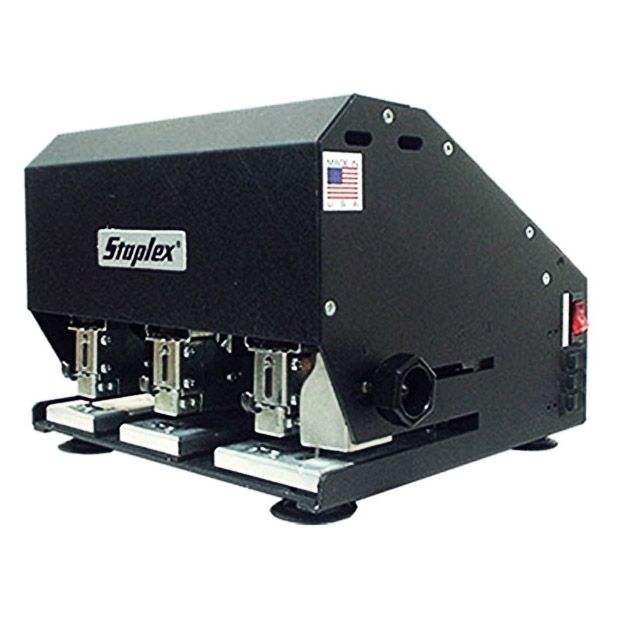 Front angle view of the Staplex® S-630NHL Dual Capacity Triple Header Commercial Electric Stapler with three stapling heads.