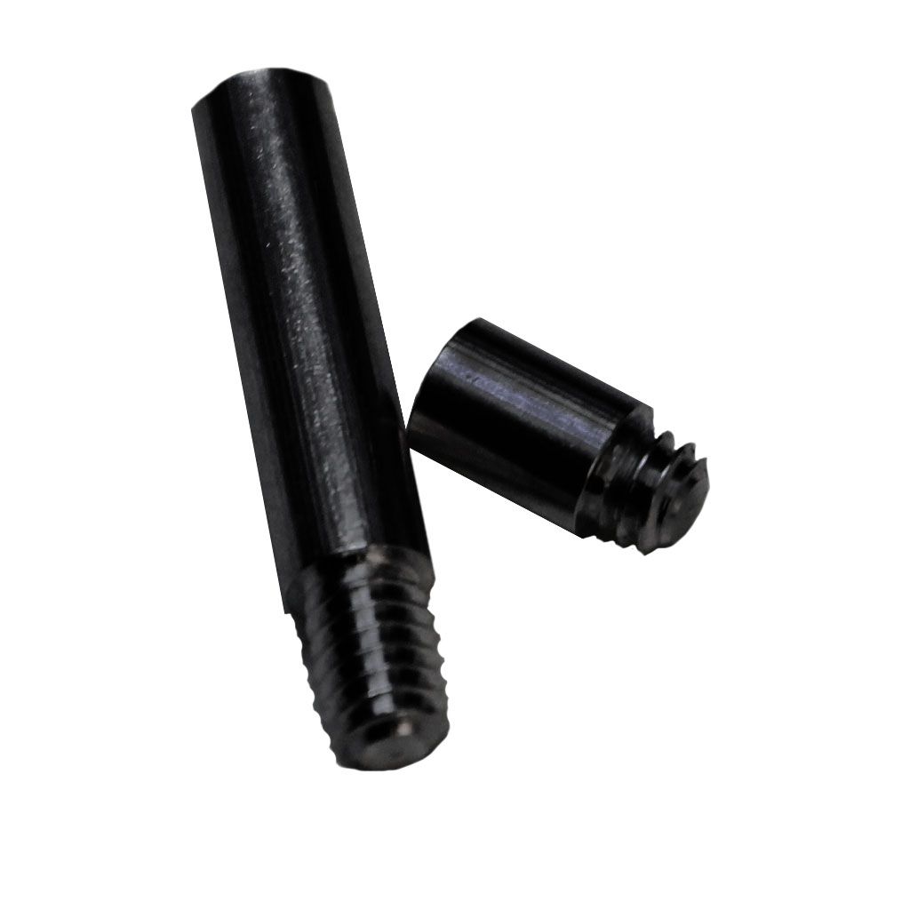 Black Aluminum Chicago Screw Post Extensions in two sizes shown with smooth cylindrical bodies and threaded ends for securely lengthening standard screw post assemblies.