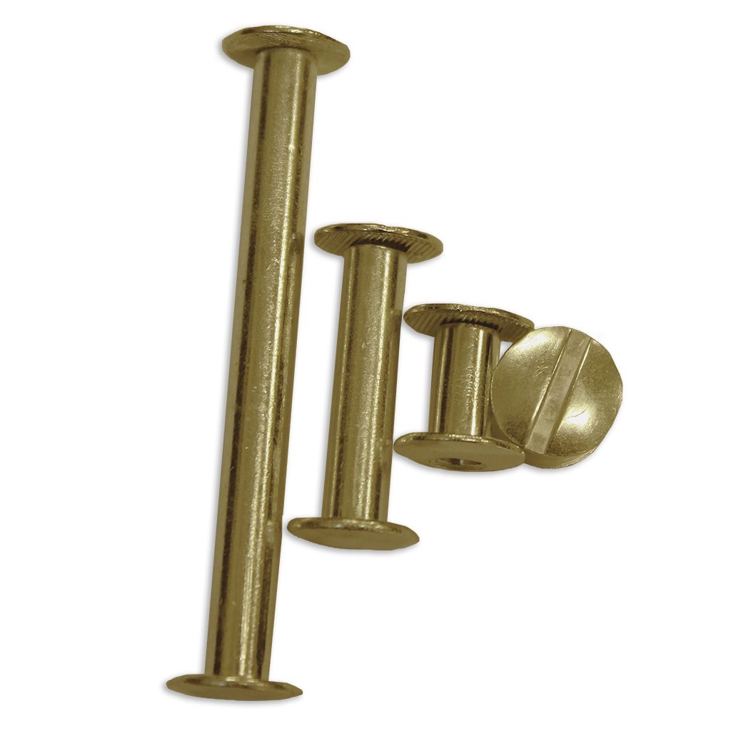 Four Antique Brass Aluminum Chicago Screw Posts in graduated sizes, shown with slotted flat heads and cylindrical bodies for binding documents with a vintage metallic finish.