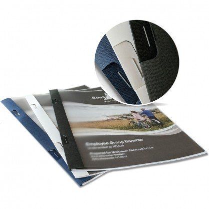 Staple Report Covers shown in a stacked arrangement with a close-up inset highlighting the spine area where metal staples securely bind the documents within textured blue, black, and white covers.