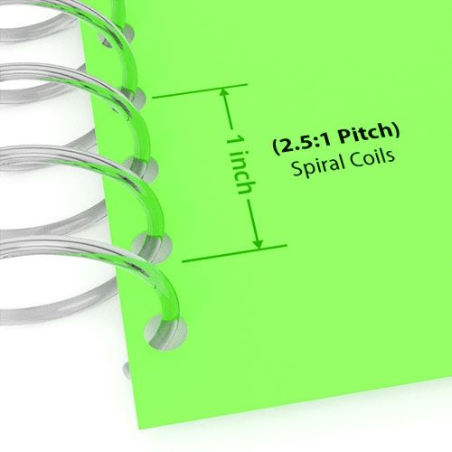 A close-up shows a document securely bound with clear 2.5:1 Clear 12" Spiral Plastic Coils.