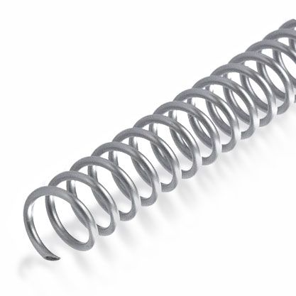 A close-up view of 4:1 Silver 36" Spiral Plastic Coils, highlighting their smooth, durable plastic material and consistent spiral spacing for binding.