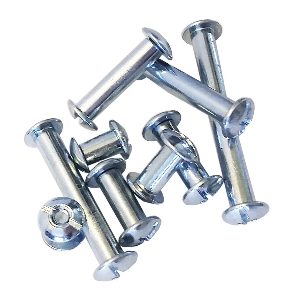 Steel Screw Posts in various lengths are arranged on a white background, showing their metallic finish, slotted heads, and cylindrical bodies.