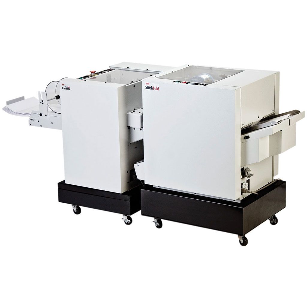 Side view of the MBM SF2 StitchFold-2 Bookletmaker with attached trimmer and paper feed trays.