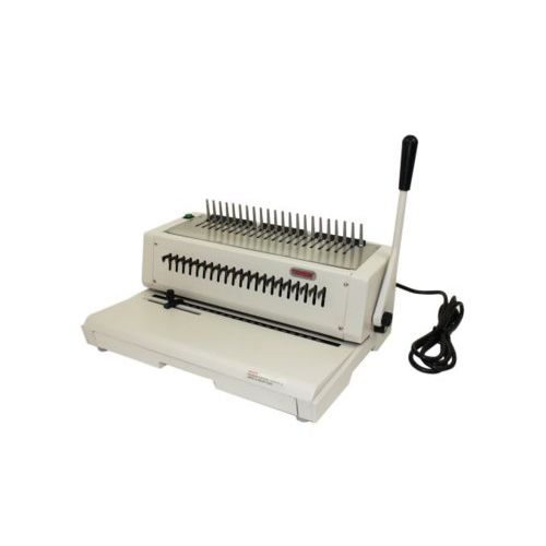 The Tamerica TCC-210-EPB Plastic Comb Electric Punch & Manual Bind machine is shown with a sturdy white body, a manual binding lever, an electric punching function, and a power cord, designed for efficient plastic comb binding.