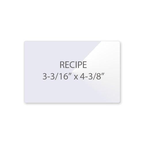 A 5MIL Recipe Card 3-3/16" x 4-3/8" Laminating Pouch with a glossy finish is displayed flat with printed dimensions centered on the surface.