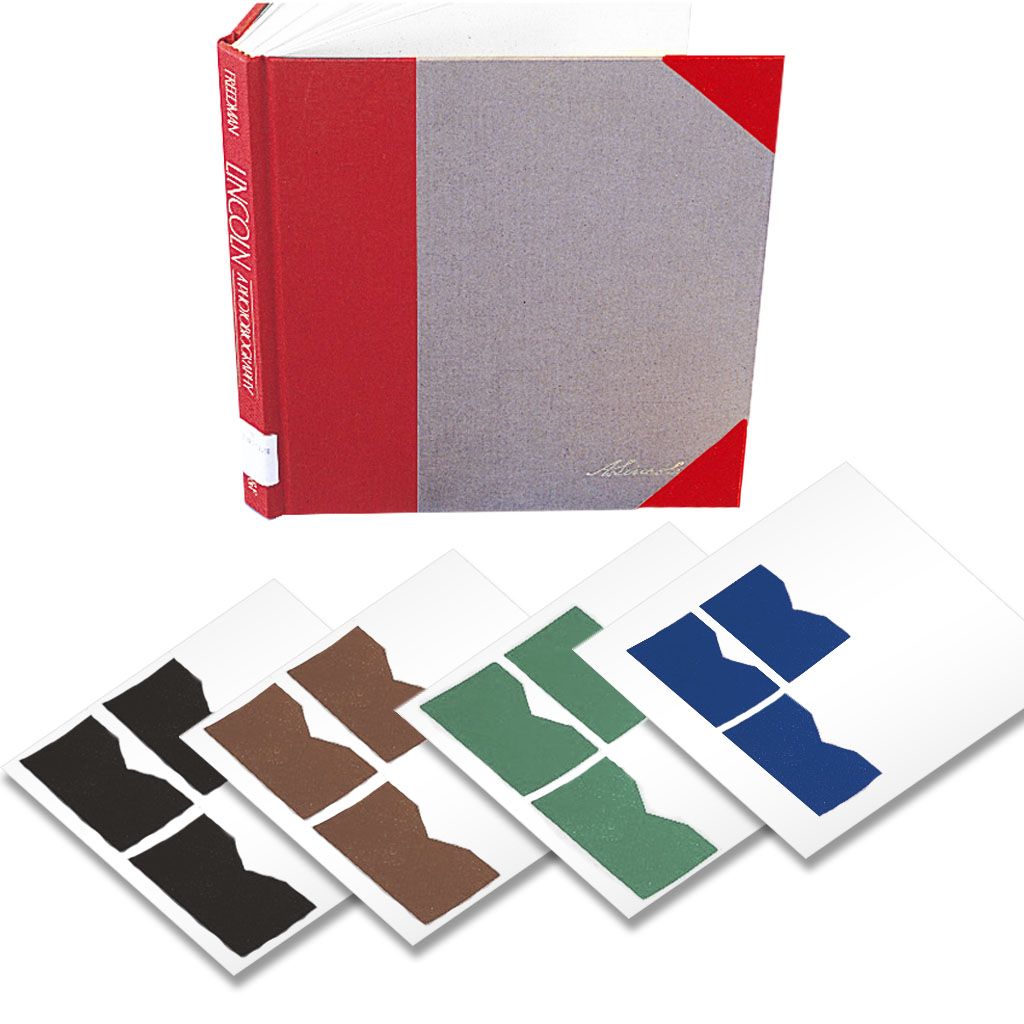 A book reinforced with red Tyvek® corner protection cloth is displayed alongside sheets of adhesive corner protectors in black, brown, green, and blue.