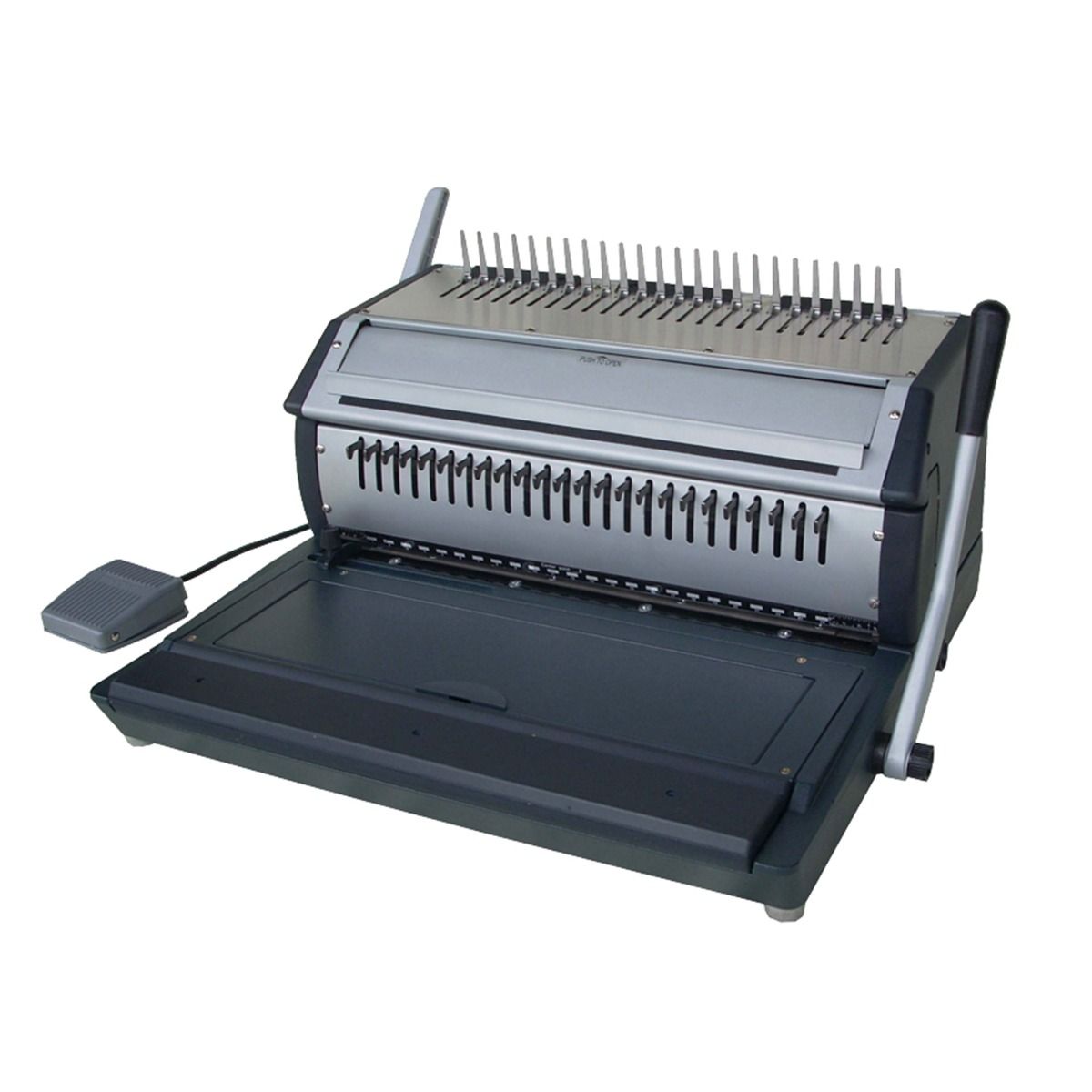 The Tamerica VersaBind-E All-in-1 Manual Binding Machine for Wire, Coil, and Comb features a durable metal construction, a foot pedal for hands-free punching, and interchangeable dies to accommodate various binding styles, making it a versatile solution f