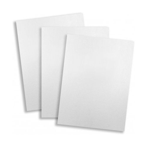 Three Standard 15pt White Vinyl Report Covers are fanned out with a clean matte finish and slightly rounded corners, emphasizing their smooth, durable construction.