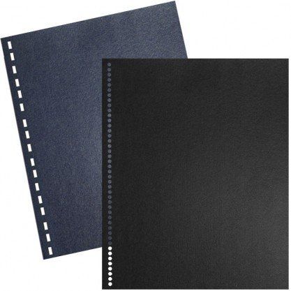 Two textured sheets in navy and black display different punching patterns, showcasing Pre-Punched Vinyl Binding Covers for Coil, Comb, and Velo binding systems.