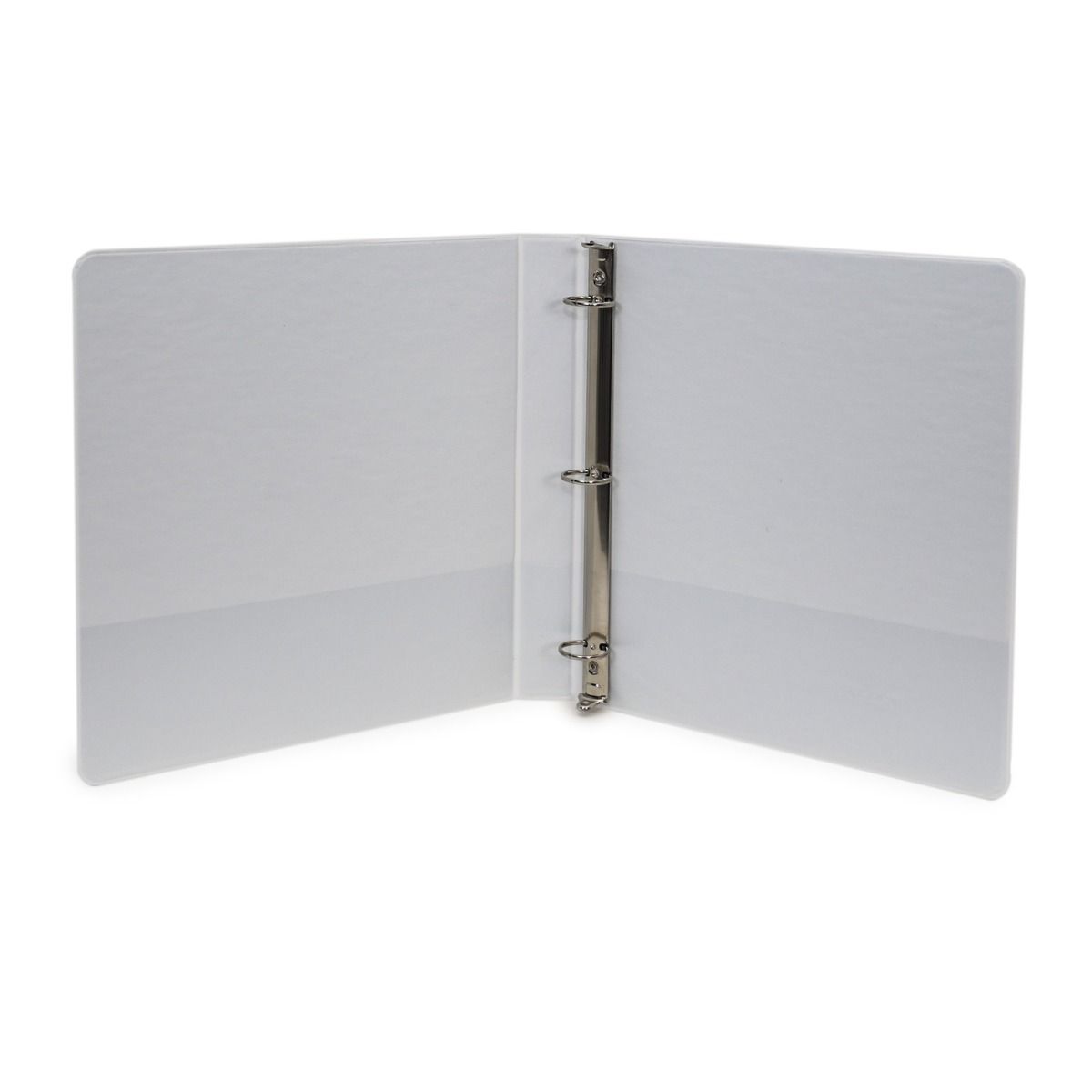 Open white binder featuring a clean, matte finish, standard three-ring mechanism, and interior pockets on both covers for additional document storage and organization.