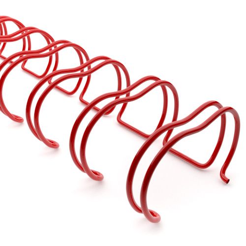 Curved Red 2:1 Wire-O Twin-Loop Binding Spines arranged in a row on a white background, showcasing their durable metal construction and vibrant red coating for securely binding thicker documents.