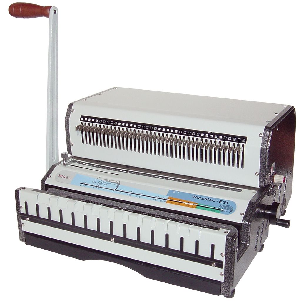 The Akiles WireMac-E Electric Wire-O® Punching & Binding Machine features a heavy-duty electric punching system with a manual wire closer, designed for efficient and precise twin-loop wire binding.