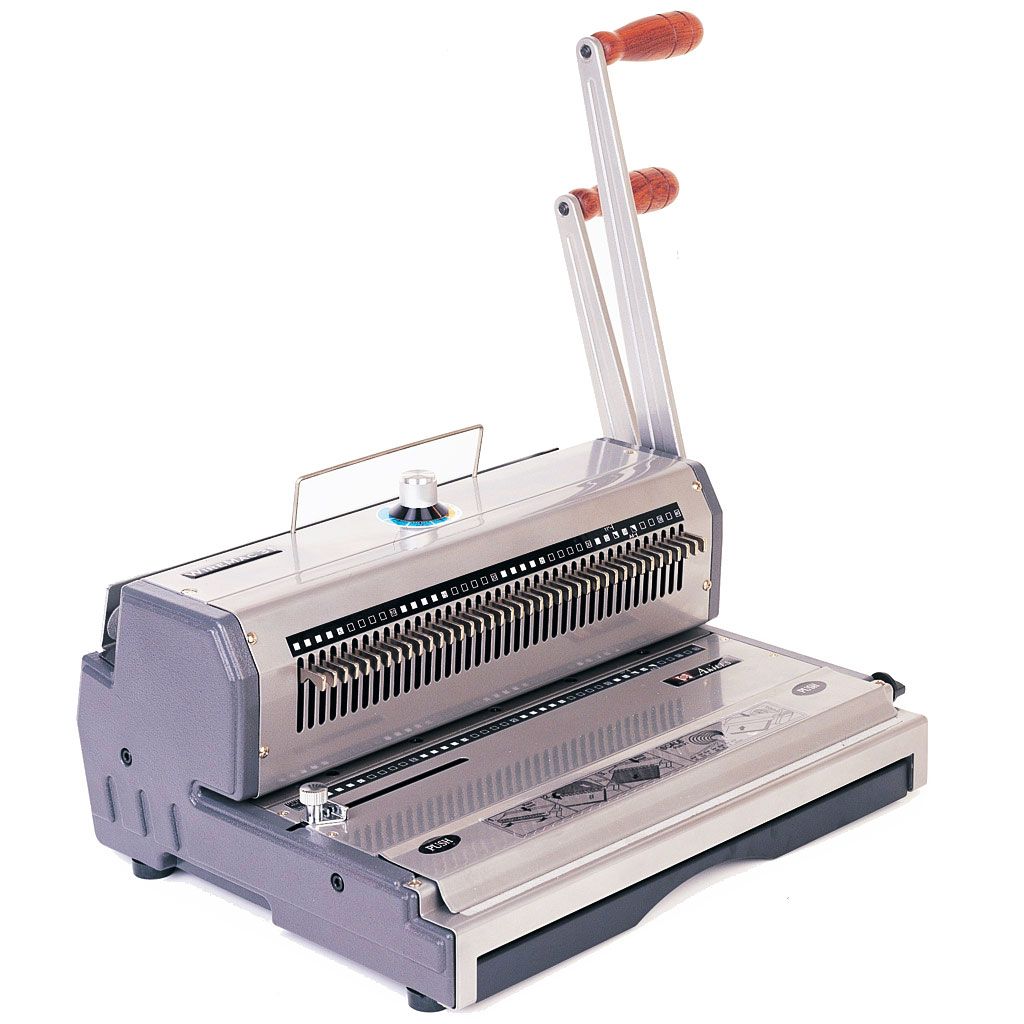 The Akiles Wiremac-M Manual Wire-O® Binding Machine has a heavy-duty metal build with dual wooden-handled levers for punching and wire closing, fully disengageable punching pins, an adjustable depth margin control, and a large waste drawer for efficient w