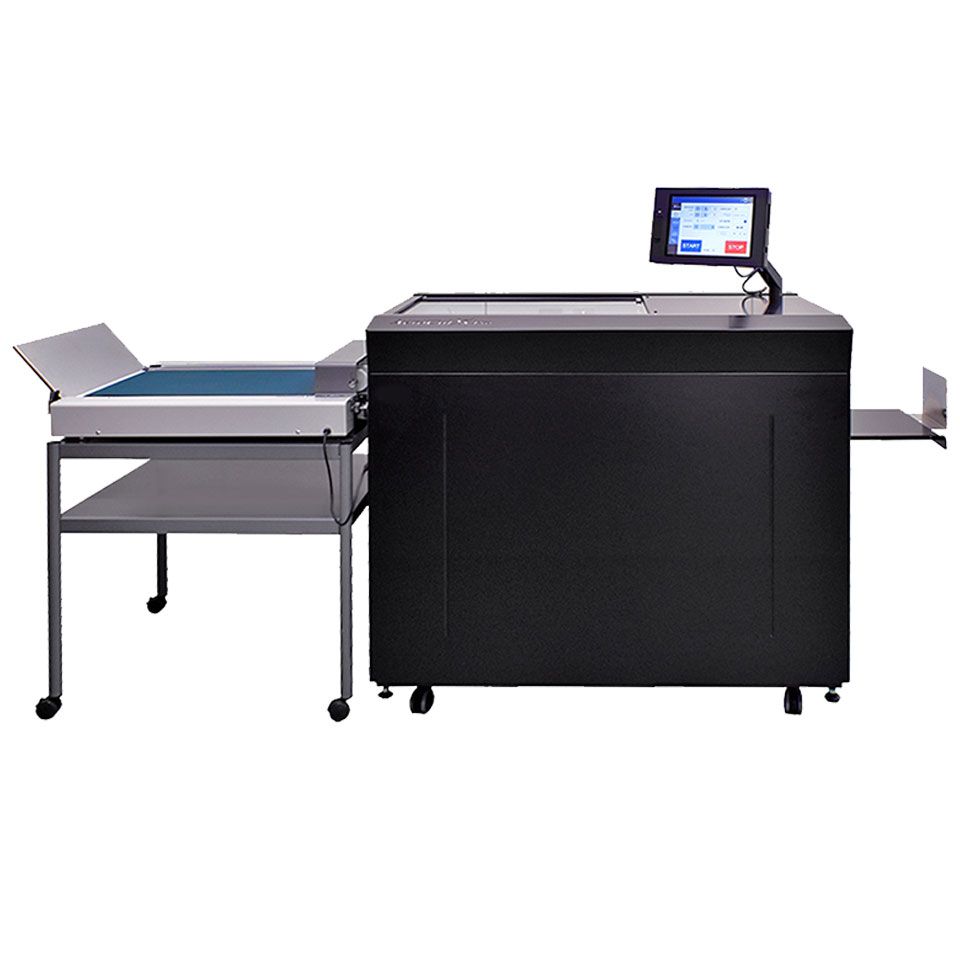 The MBM AeroCut X Pro Digital Finishing System machine, a sleek black unit with an attached feeding table and a digital touchscreen display.
