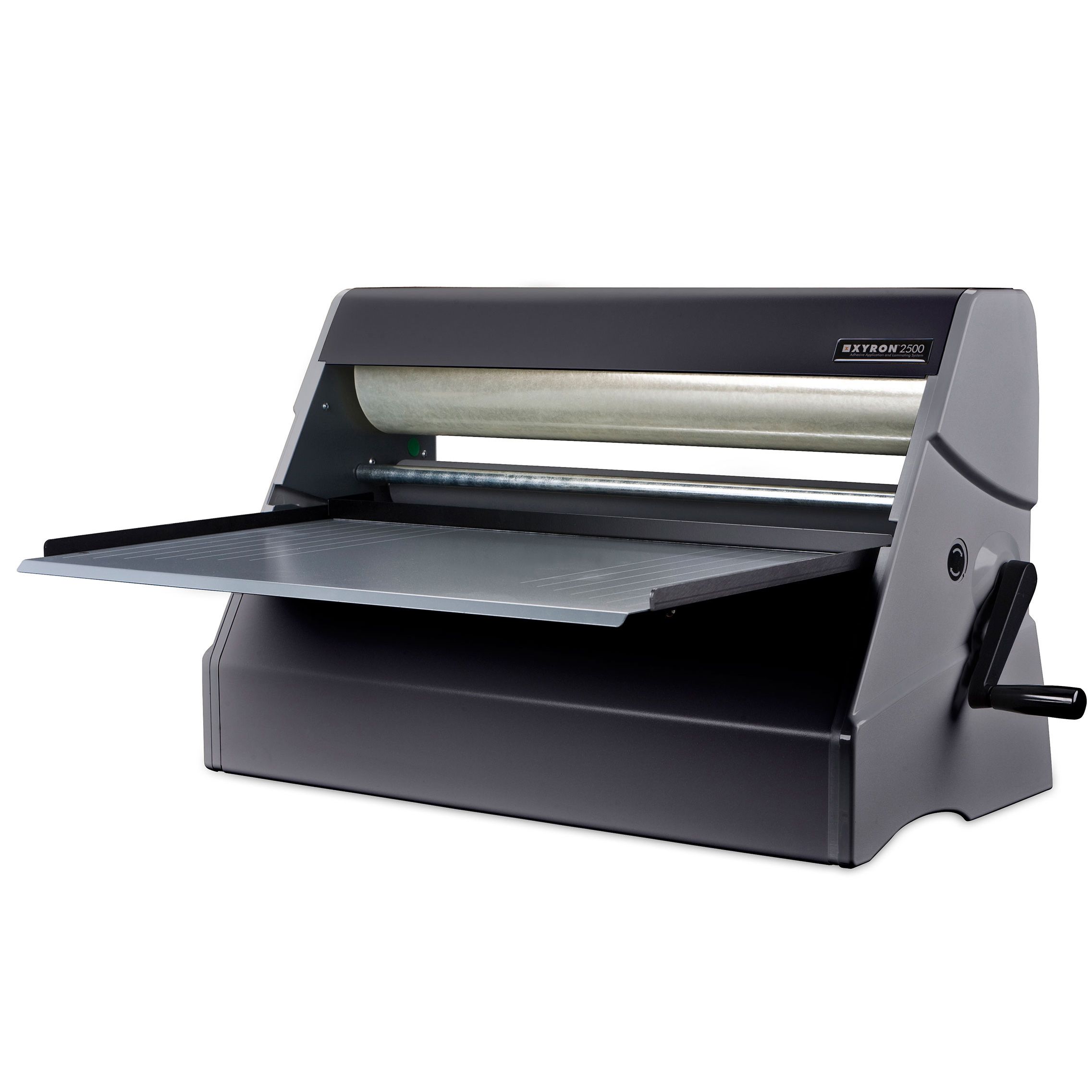 The XyronPRO XM2500 25" Cold Laminator displays a wide manual-feed tray and crank handle.