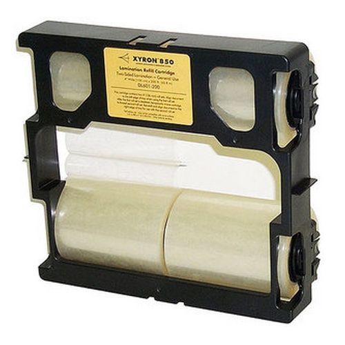 A self-contained cassette of Xyron Model 850 Laminator Refill Cartridges features two clear film rolls housed in a black plastic frame with a yellow product label.