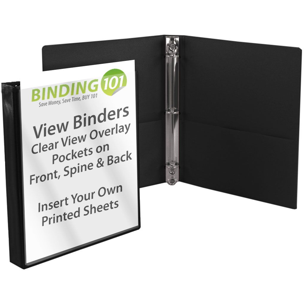 Black Half Size View Binders, Mini 3 Rng Binders with Clear Overlay - Made in USA