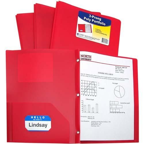 C-Line Two-Pocket Heavyweight Poly Red Folder with Prongs 25pk - CLI-33964