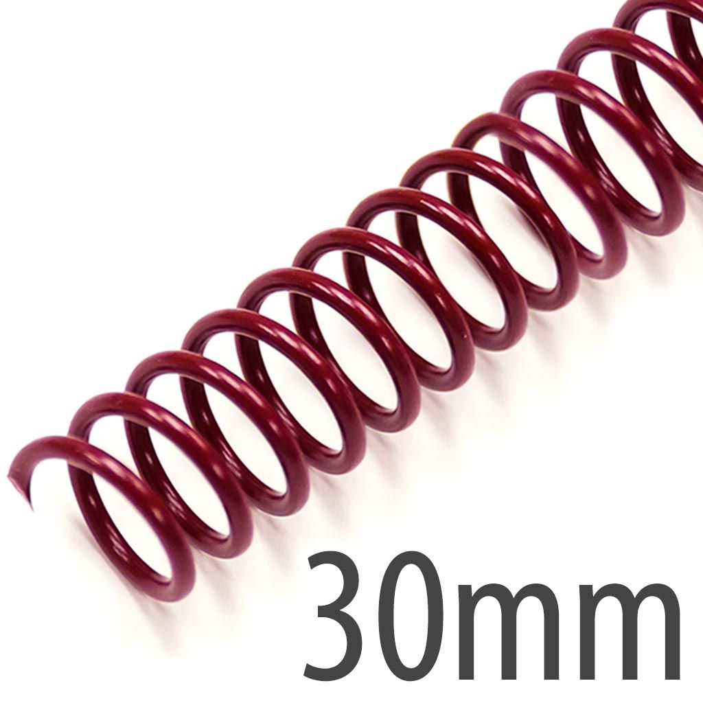 30mm (1-3/16") Maroon Spiral Plastic Coils [12" Long, 4:1 Pitch, 270 Sheet Capacity (approx)] (100/Box)