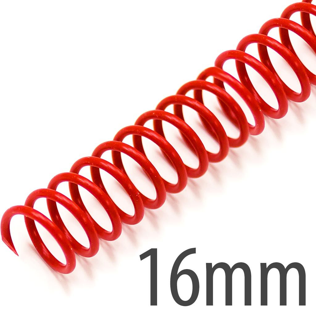 16mm (5/8") Red Spiral Plastic Coils [12" Long, 4:1 Pitch, 140 Sheet Capacity (approx)] (100/Box)