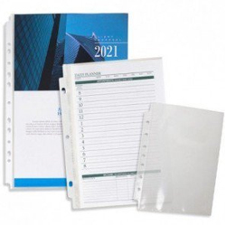 A 2021 planner with refill pages and clear sheet protectors for organizing documents.