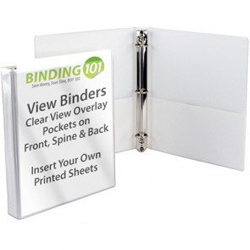 Clear view ring binders with customizable overlay pockets on the front, spine, and back for easy personalization.