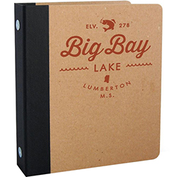 A custom chip board binder with a vintage-style "Big Bay Lake" design and black spine.