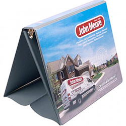 Custom printed easel binder displaying a professional home services advertisement with a sturdy, triangular stand.