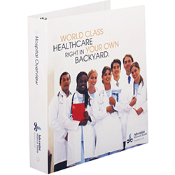Group of healthcare professionals smiling on the cover of a custom paperboard binder.