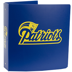 Blue custom poly/plastic ring binder featuring a yellow "Patriots" logo on the cover.
