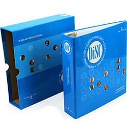 Custom binder with slipcase featuring a sleek blue design and circular accents.