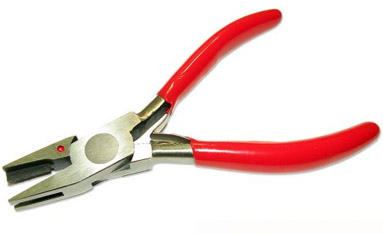 Red-handled coil binding crimping pliers with a flat, grooved jaw for securely finishing coil bindings.