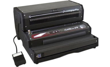 An electric spiral coil binding machine with a foot pedal for efficient document binding.