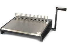 A manual comb opener with a crank handle and metal comb teeth, used for binding documents.