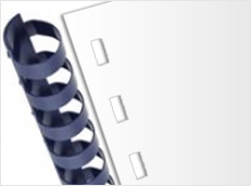 A close-up image of a navy spiral binding comb next to a sheet of comb punched paper with rectangular holes.