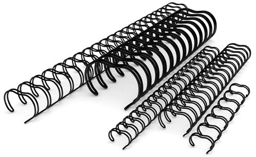 A variety of custom length twin loop wire binding spines in different sizes, neatly arranged on a white background.