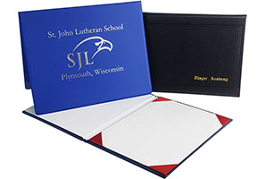 Custom diploma and certificate holders in blue and black, featuring school logos and elegant gold lettering.
