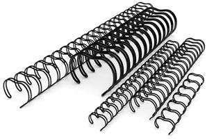 A variety of custom cut twin loop wire bindings in different sizes arranged in an organized manner.