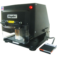 A heavy-duty electric stapler with a foot pedal, designed for industrial use.