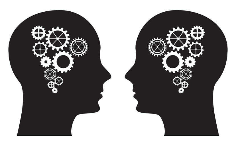 Silhouette illustration of two human heads with interconnected gears, representing the concept of intelligent design clip-art.