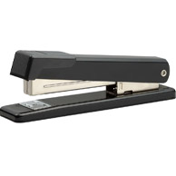 A black manual desktop stapler placed on a white background.