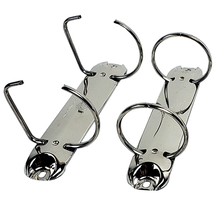 A pair of shiny metal 2-Ring Binder Mechanisms with curved hooks for securing loose papers.