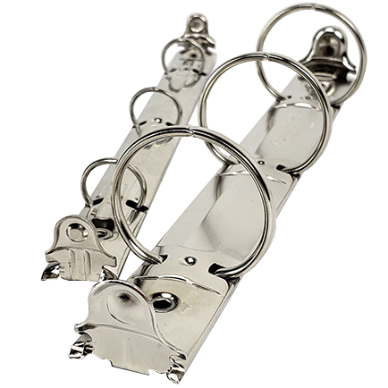 Close-up of 3-Ring Half Size Binder Mechanisms with shiny metal rings and clasps.