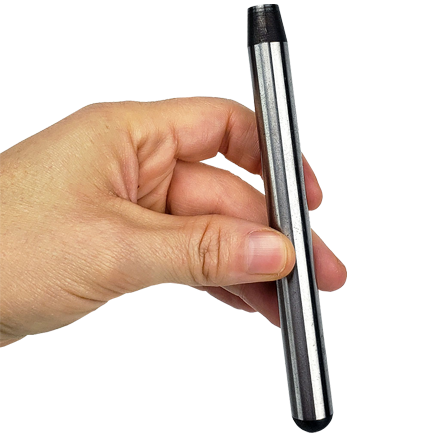 A hand holding a silver Rivet Setter Tool with black ends.