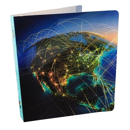 Custom paperboard binders featuring a vibrant, interconnected digital network map of North America.