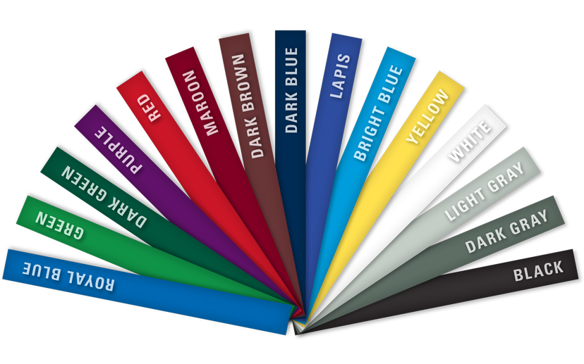 A fan display of various colored Fastback binding strips arranged in a semi-circle.
