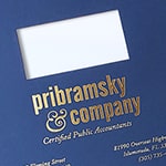 A custom printed binding cover featuring "pribramsky & company Certified Public Accountants" in gold lettering on a blue background.