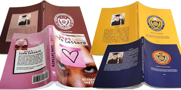 A collection of perfect bound books showcasing colorful and varied cover designs, displayed both open and closed.