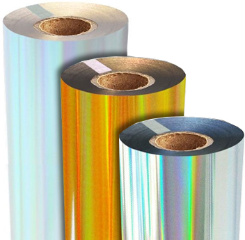 Three rolls of iridescent foils in varying colors and sizes with a metallic, rainbow-like sheen.